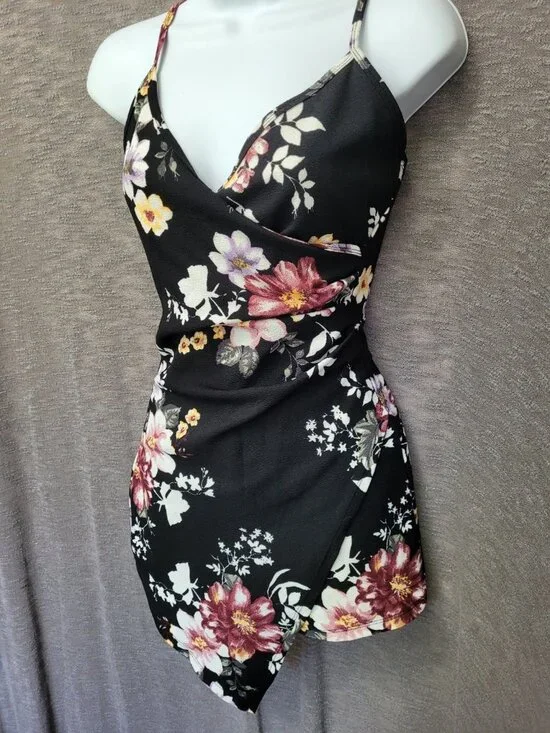 Womens Y2K Babydoll Asymmetric Fairy Grunge Romper Size S Black Floral Artsy - Picture 12 of 14